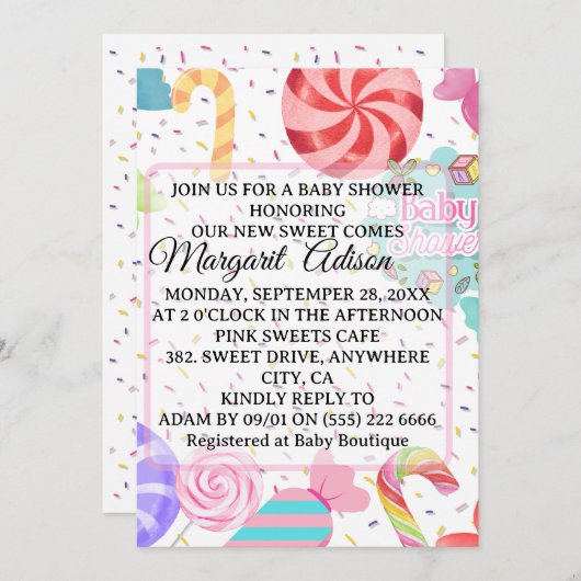 甘い赤ちゃんシャワー 招待状 (正面/裏面)