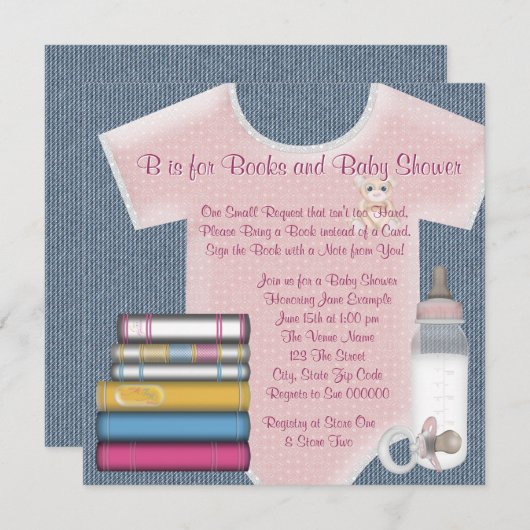 甘い赤ちゃん女の子が本の赤ちゃんシャワーを持ってくる 招待状 (正面/裏面)
