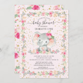 甘い赤ちゃん女の子ゾウ赤ちゃんシャワー 招待状 (正面/裏面)