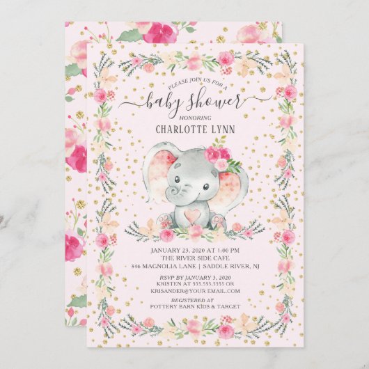 甘い赤ちゃん女の子ゾウ赤ちゃんシャワー 招待状 (正面/裏面)