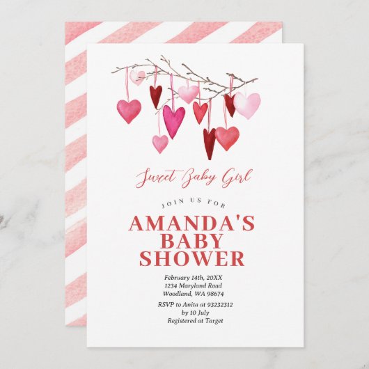 甘い赤ちゃん女の子バレンタインバルーンベビーシャワー 招待状 (正面/裏面)