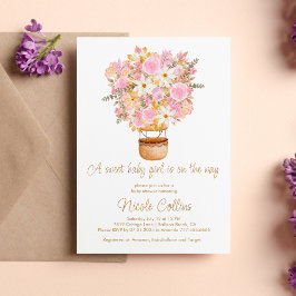 甘い赤ちゃん女の子ピンクのフローラバルーンベビーシャワー 招待状