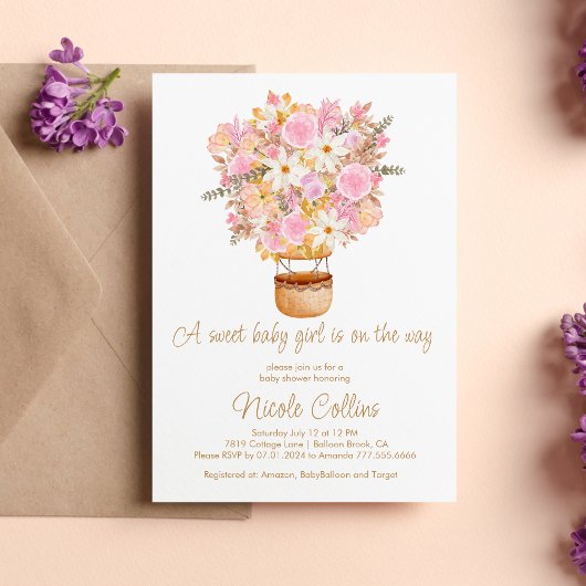 甘い赤ちゃん女の子ピンクのフローラバルーンベビーシャワー 招待状