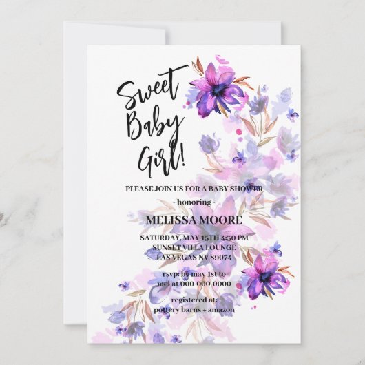 甘い赤ん鮮やか坊の女の子パープルピンクの花 招待状 (正面)