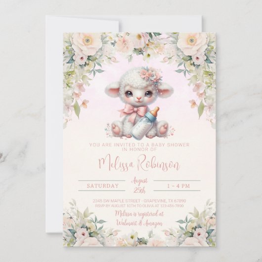 甘い赤面ピンクのフローラ生まれたばかりのラムベビーシャワー 招待状 (正面)