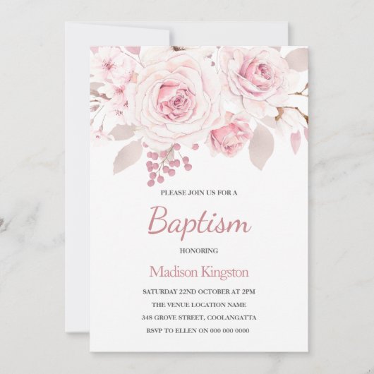 甘い赤面ピンクの花美しい女の子バプテスマ 招待状 (正面)