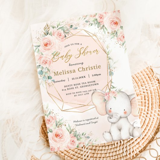 甘い赤面ピンクフローラかわいいゾウ赤ちゃんシャワー 招待状