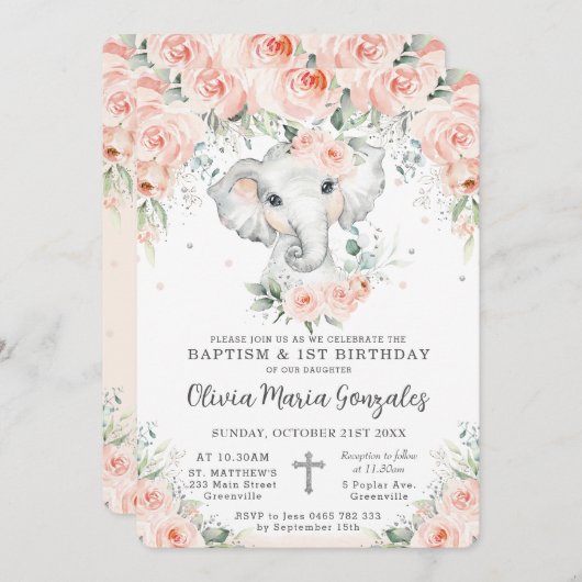 甘い赤面フローラゾウのバプテスマ1st誕生日 招待状 (正面/裏面)