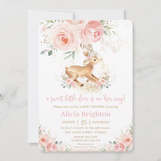 甘い赤面フローラベビーディアファウンガールベビーシャワー 招待状 (正面)