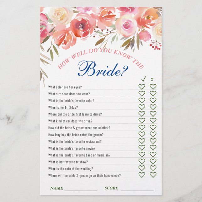 甘い赤面フローラ水彩ブライダルシャワーゲーム (正面)