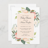 甘い赤面及びモモの水彩画の花のベビーシャワー インビテーションポストカード (正面/裏面)