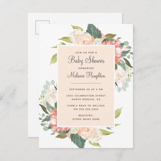 甘い赤面及びモモの水彩画の花のベビーシャワー インビテーションポストカード (正面/裏面)