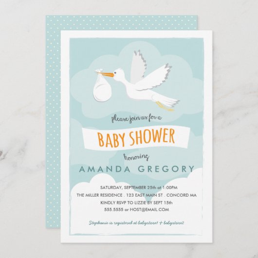 甘い配達こうのとりのベビーシャワーの招待状 招待状 (正面/裏面)