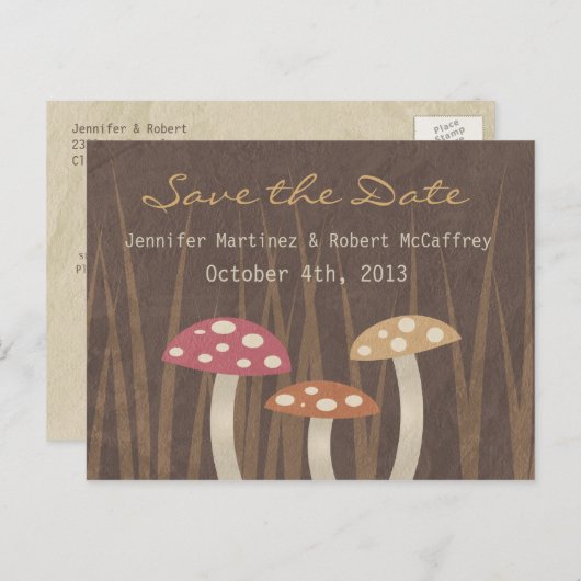 甘い野生のキノコの結婚式の日付はがき保存 案内ポストカード (正面/裏面)
