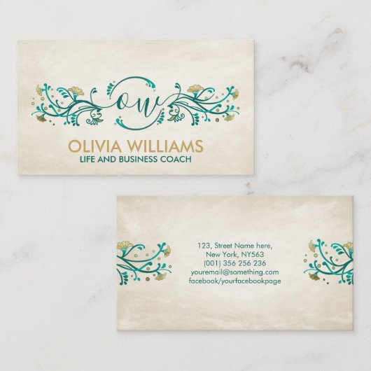 甘い金ゴールドとティール（緑がかった色）フローラスワールモノグラム 名刺 (正面/裏面)
