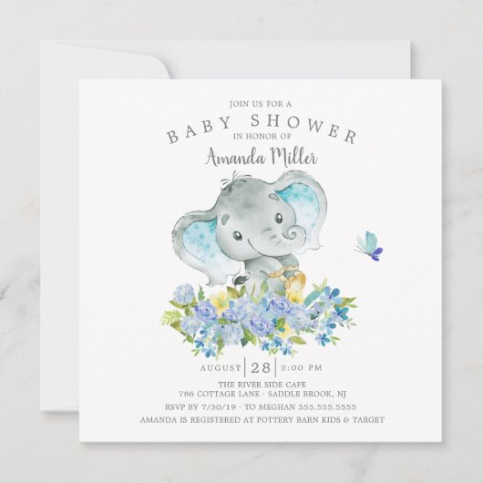 甘い陽気な象の男の赤ちゃんシャワー 招待状 (正面)