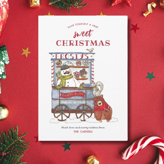 甘い雪だるまキャンディカート水の色クリスマスカード シーズンカード