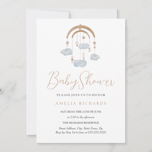 甘い雲ほこりっぽい青いモバイルベビースシャワー 招待状 (正面)