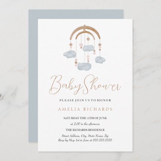 甘い雲ほこりっぽい青いモバイルベビースシャワー 招待状 (正面/裏面)