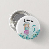 甘い青い人形の水の色の手絵を描で 缶バッジ (正面&裏面)