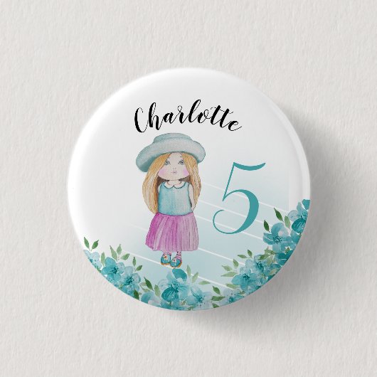 甘い青い人形の水の色の手絵を描で 缶バッジ (正面)