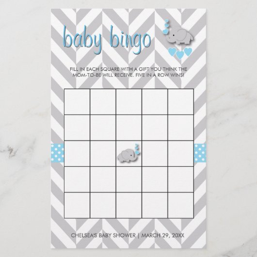 甘い青と灰色の象の赤ちゃんシャワービンゴ 便箋 (裏面)