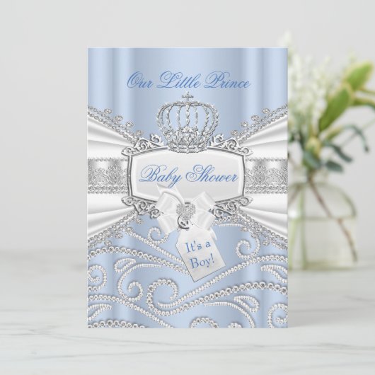 甘い青の小さな王子の男の子の赤ちゃんシャワー 招待状 (スタンド正面)