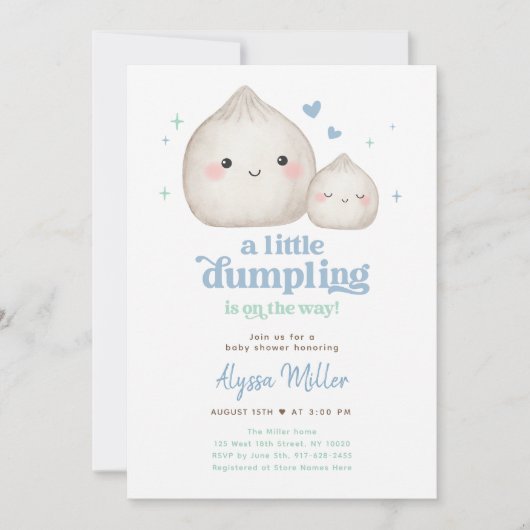 甘い青の小さな餃子の赤ちゃんシャワー 招待状 (正面)