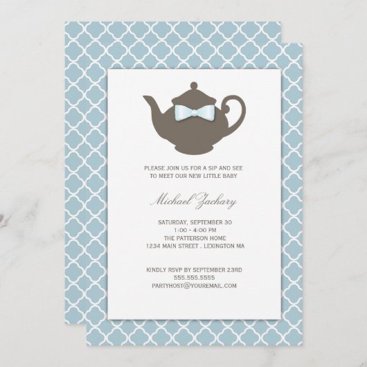 甘い青|ブラウンのティーポットのベビーの一口は茶を見、 招待状 (正面/裏面)