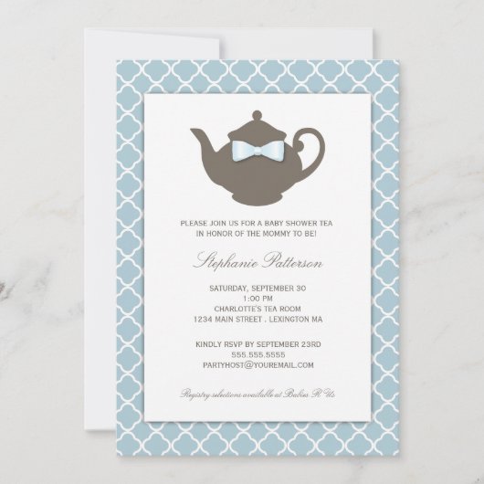 甘い青 |ブラウンティーポット赤ちゃんシャワーティーパーティー 招待状 (正面)