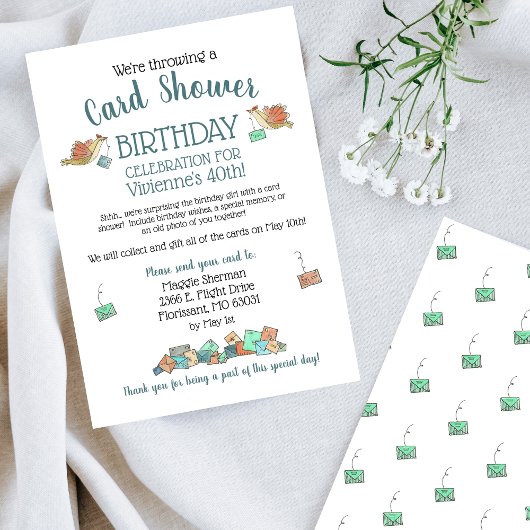 甘い鳥の水色誕生日カードシャワー 招待状