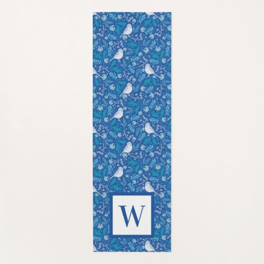 甘い鳥の青の植物模様モノグラム ヨガマット (正面)