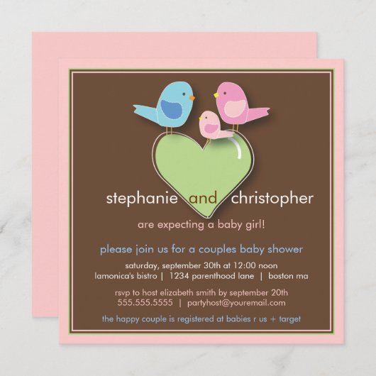 甘い鳥家族はベビーシャワーの招待状をつなぎます 招待状 (正面/裏面)