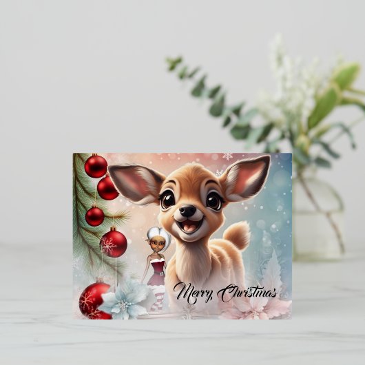 甘い鹿と可愛い小妖精や小人がクリスマスを望メリーむ 箔シーズンポストカード (立ち正面)