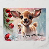 甘い鹿と可愛い小妖精や小人がクリスマスを望メリーむ 箔シーズンポストカード (正面)