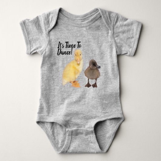 甘い黄色と灰色のアヒルの写真パーソナライズされた ベビーボディスーツ (正面)