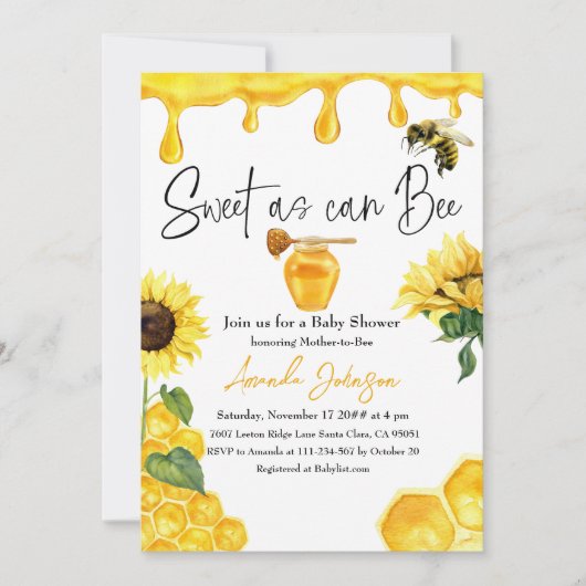 甘い黄色のハニーコームひまわりミツバチ赤ちゃんシャワー 招待状 (正面)