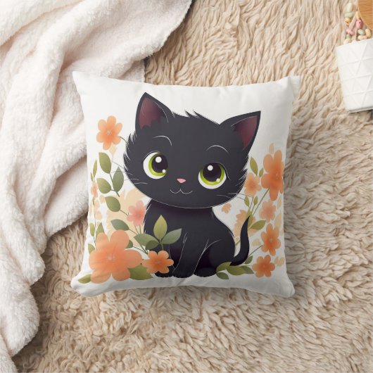 甘い黒い子猫と花かわいいチビ(小さくかわいく書いた感じ) クッション (ブランケット)