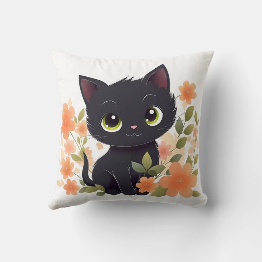 甘い黒い子猫と花かわいいチビ(小さくかわいく書いた感じ) クッション (裏面)