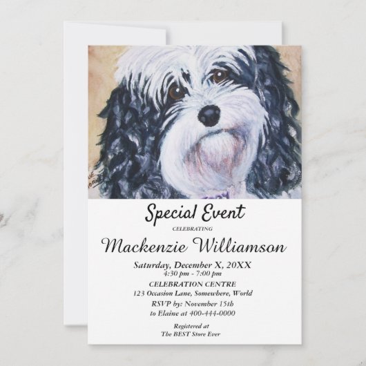 甘い黒と白の子犬の願いハッピーバースデー 招待状 (正面)