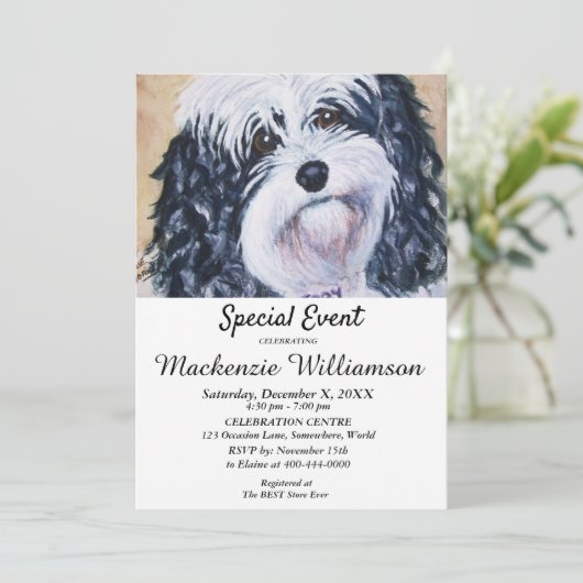 甘い黒と白の子犬の願いハッピーバースデー 招待状 (スタンド正面)