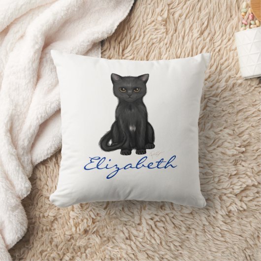 甘い黒猫w/Goldenは-青い名前をカスタムするを注目します クッション (ブランケット)