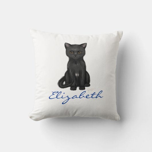 甘い黒猫w/Goldenは-青い名前をカスタムするを注目します クッション (正面)