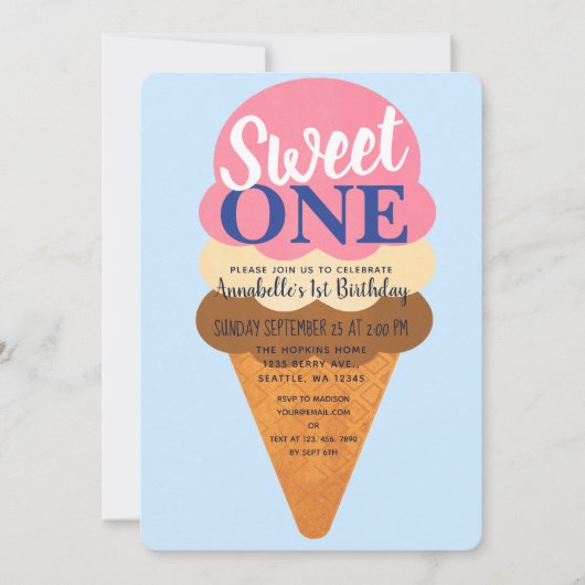 甘い1かわいいアイスクリームキッズ1歳の誕生日 招待状 (正面)