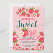 甘い1かわいいピンクのイチゴ1st誕生日パーティー 招待状 (正面)