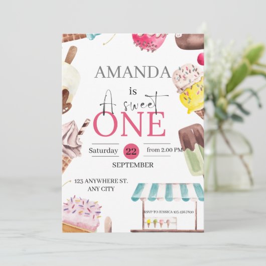 甘い1かわいい水色1歳の誕生日 招待状 (スタンド正面)