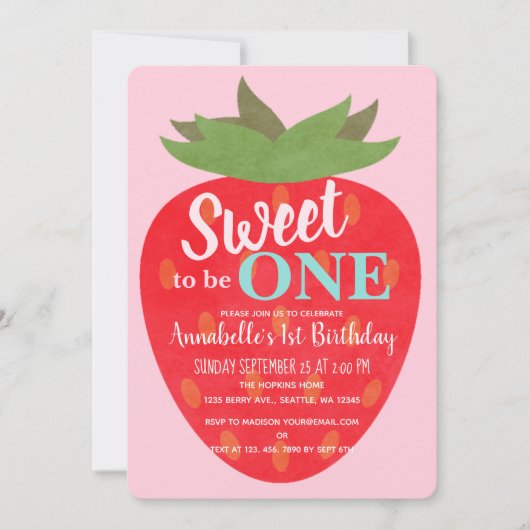 甘い1ストロベリーキッズファースト誕生日 招待状 (正面)