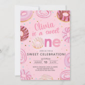 甘い1ドーナツ女の子の最初の、1番目の誕生日招待状。 招待状 (正面)