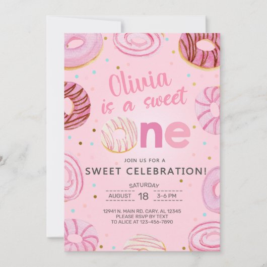 甘い1ドーナツ女の子の最初の、1番目の誕生日招待状。 招待状 (正面)