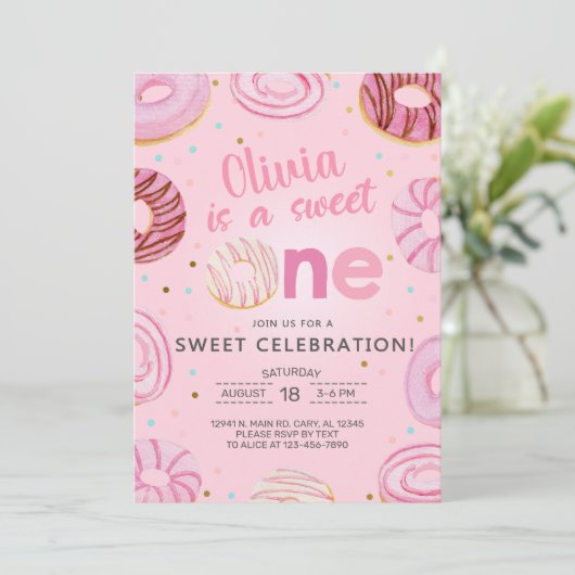 甘い1ドーナツ女の子の最初の、1番目の誕生日招待状。 招待状 (スタンド正面)